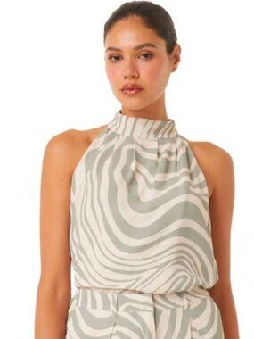 NEW Misa Yvan Top High Neck Sleeveless Blouse Zebra Green Size XS $210 [jb]